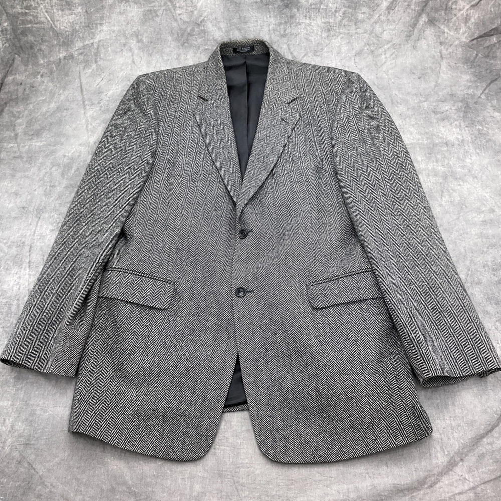 Stafford‎ Blazer Men 42L Black White Herringbone Lambswool Classic Suit Jacket